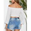imageMakeMeChic Womens Textured Off Shoulder Blouses Shirred Long Sleeve Frill Trim Crop TopsWhite