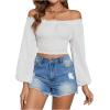 imageMakeMeChic Womens Textured Off Shoulder Blouses Shirred Long Sleeve Frill Trim Crop TopsWhite