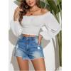 imageMakeMeChic Womens Textured Off Shoulder Blouses Shirred Long Sleeve Frill Trim Crop TopsWhite