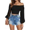 imageMakeMeChic Womens Textured Off Shoulder Blouses Shirred Long Sleeve Frill Trim Crop TopsBlack