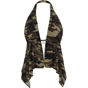 imageMakeMeChic Womens Lepoard Print Halter Tops Y2k Split Asymmetrical Club Crop TopCamo