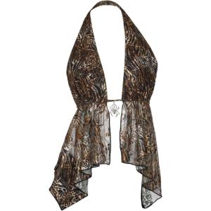imageMakeMeChic Womens Lepoard Print Halter Tops Y2k Split Asymmetrical Club Crop TopGold Brown