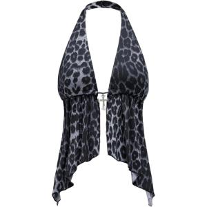 imageMakeMeChic Womens Lepoard Print Halter Tops Y2k Split Asymmetrical Club Crop TopGrey
