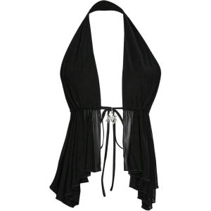 imageMakeMeChic Womens Lepoard Print Halter Tops Y2k Split Asymmetrical Club Crop TopMesh Black