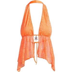 imageMakeMeChic Womens Lepoard Print Halter Tops Y2k Split Asymmetrical Club Crop TopOrange Lace