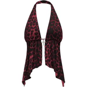 imageMakeMeChic Womens Lepoard Print Halter Tops Y2k Split Asymmetrical Club Crop TopRed