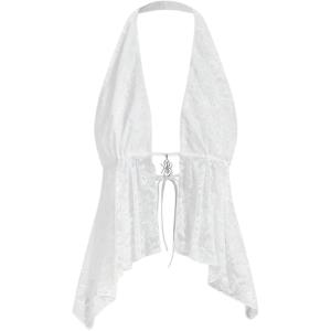 imageMakeMeChic Womens Lepoard Print Halter Tops Y2k Split Asymmetrical Club Crop TopWhite Lace