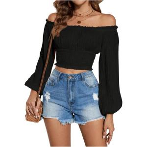 imageMakeMeChic Womens Textured Off Shoulder Blouses Shirred Long Sleeve Frill Trim Crop TopsBlack