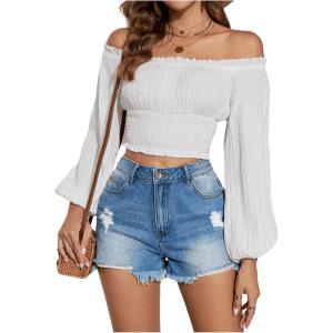 imageMakeMeChic Womens Textured Off Shoulder Blouses Shirred Long Sleeve Frill Trim Crop TopsWhite