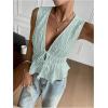 imageMakeMeChic Womens Tie Front V Neck Tank Top Bow Sleeveless Ruffle Hem Crop TopsBlue