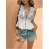 imageMakeMeChic Womens Tie Front V Neck Tank Top Bow Sleeveless Ruffle Hem Crop TopsBlue and White