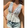 imageMakeMeChic Womens Tie Front V Neck Tank Top Bow Sleeveless Ruffle Hem Crop TopsBlue and White