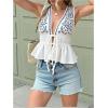 imageMakeMeChic Womens Tie Front V Neck Tank Top Bow Sleeveless Ruffle Hem Crop TopsBlue and White