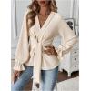 imageMakeMeChic Womens V Neck Bell Sleeve Blouses Top Knot Front Wrap Ruffle Hem BlousesApricot