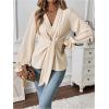 imageMakeMeChic Womens V Neck Bell Sleeve Blouses Top Knot Front Wrap Ruffle Hem BlousesApricot