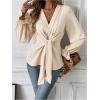 imageMakeMeChic Womens V Neck Bell Sleeve Blouses Top Knot Front Wrap Ruffle Hem BlousesApricot