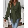 imageMakeMeChic Womens V Neck Bell Sleeve Blouses Top Knot Front Wrap Ruffle Hem BlousesArmy Green