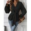 imageMakeMeChic Womens V Neck Bell Sleeve Blouses Top Knot Front Wrap Ruffle Hem BlousesBlack