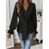imageMakeMeChic Womens V Neck Bell Sleeve Blouses Top Knot Front Wrap Ruffle Hem BlousesBlack