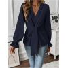 imageMakeMeChic Womens V Neck Bell Sleeve Blouses Top Knot Front Wrap Ruffle Hem BlousesBlue