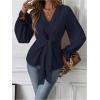 imageMakeMeChic Womens V Neck Bell Sleeve Blouses Top Knot Front Wrap Ruffle Hem BlousesBlue