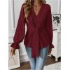 imageMakeMeChic Womens V Neck Bell Sleeve Blouses Top Knot Front Wrap Ruffle Hem BlousesBurgundy
