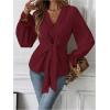imageMakeMeChic Womens V Neck Bell Sleeve Blouses Top Knot Front Wrap Ruffle Hem BlousesBurgundy