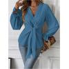 imageMakeMeChic Womens V Neck Bell Sleeve Blouses Top Knot Front Wrap Ruffle Hem BlousesDusty Blue