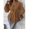 imageMakeMeChic Womens V Neck Bell Sleeve Blouses Top Knot Front Wrap Ruffle Hem BlousesKhaki