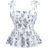 imageMakeMeChic Womens Floral Tie Shoulder Tank Tops Ruched Ruffle Hem Shirred Camisole Crop TopsBlue and White