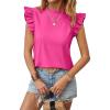 imageMakeMeChic Womens Ruffle Trim Cap Sleeve Tops Workwear Casual Solid Frill Neck BlouseHot Pink
