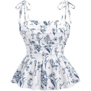 imageMakeMeChic Womens Floral Tie Shoulder Tank Tops Ruched Ruffle Hem Shirred Camisole Crop TopsBlue and White