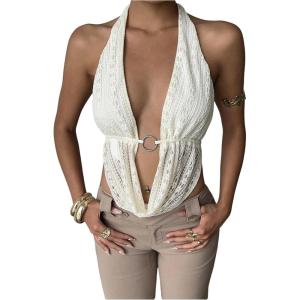 imageMakeMeChic Womens Sexy Deep V Neck Halter Top Backless Going Out Top Y2k Crop TopsApricot a
