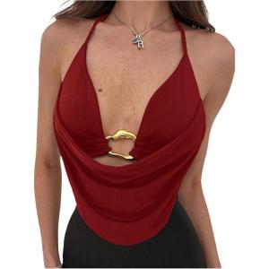 imageMakeMeChic Womens Sexy Deep V Neck Halter Top Backless Going Out Top Y2k Crop TopsBurgundy Red