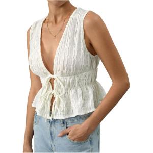 imageMakeMeChic Womens Tie Front V Neck Tank Top Bow Sleeveless Ruffle Hem Crop TopsApricot