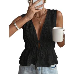 imageMakeMeChic Womens Tie Front V Neck Tank Top Bow Sleeveless Ruffle Hem Crop TopsBlack
