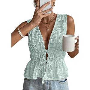 imageMakeMeChic Womens Tie Front V Neck Tank Top Bow Sleeveless Ruffle Hem Crop TopsBlue