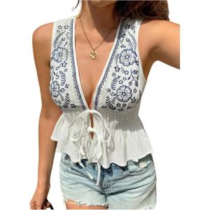 imageMakeMeChic Womens Tie Front V Neck Tank Top Bow Sleeveless Ruffle Hem Crop TopsBlue and White