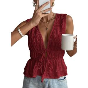 imageMakeMeChic Womens Tie Front V Neck Tank Top Bow Sleeveless Ruffle Hem Crop TopsBurgundy
