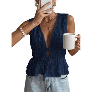 imageMakeMeChic Womens Tie Front V Neck Tank Top Bow Sleeveless Ruffle Hem Crop TopsDark Blue