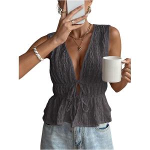 imageMakeMeChic Womens Tie Front V Neck Tank Top Bow Sleeveless Ruffle Hem Crop TopsDark Grey