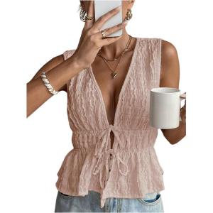 imageMakeMeChic Womens Tie Front V Neck Tank Top Bow Sleeveless Ruffle Hem Crop TopsDusty Pink