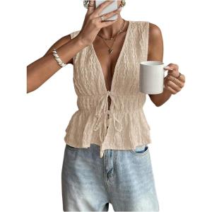imageMakeMeChic Womens Tie Front V Neck Tank Top Bow Sleeveless Ruffle Hem Crop TopsKhaki