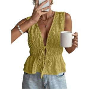 imageMakeMeChic Womens Tie Front V Neck Tank Top Bow Sleeveless Ruffle Hem Crop TopsMint Green