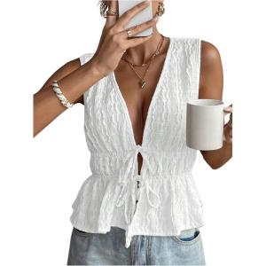 imageMakeMeChic Womens Tie Front V Neck Tank Top Bow Sleeveless Ruffle Hem Crop TopsWhite
