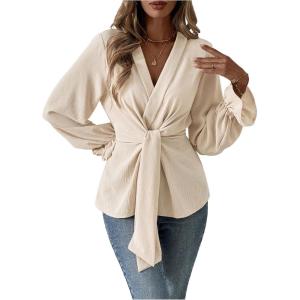 imageMakeMeChic Womens V Neck Bell Sleeve Blouses Top Knot Front Wrap Ruffle Hem BlousesApricot