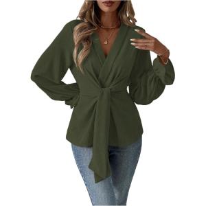imageMakeMeChic Womens V Neck Bell Sleeve Blouses Top Knot Front Wrap Ruffle Hem BlousesArmy Green
