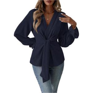 imageMakeMeChic Womens V Neck Bell Sleeve Blouses Top Knot Front Wrap Ruffle Hem BlousesBlue