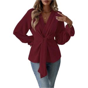 imageMakeMeChic Womens V Neck Bell Sleeve Blouses Top Knot Front Wrap Ruffle Hem BlousesBurgundy