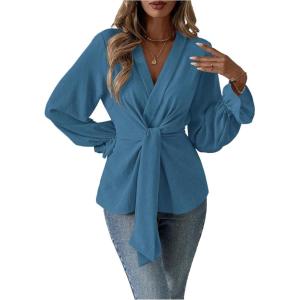 imageMakeMeChic Womens V Neck Bell Sleeve Blouses Top Knot Front Wrap Ruffle Hem BlousesDusty Blue